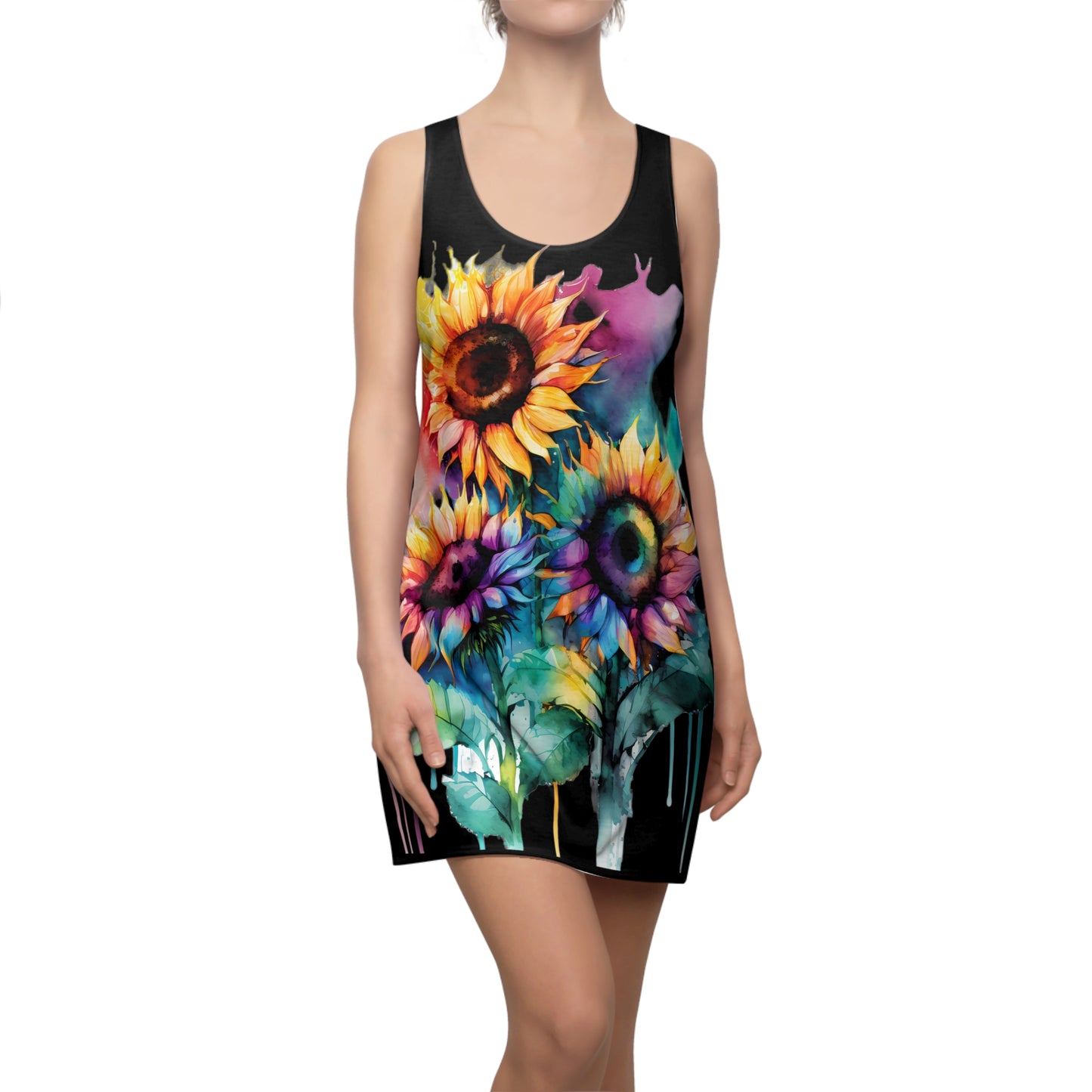 Multi-Color Sunflower Women's Cut & Sew Racerback Dress Black