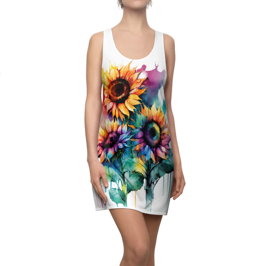 Multi-Color Sunflower Women's Cut & Sew Racerback Dress White