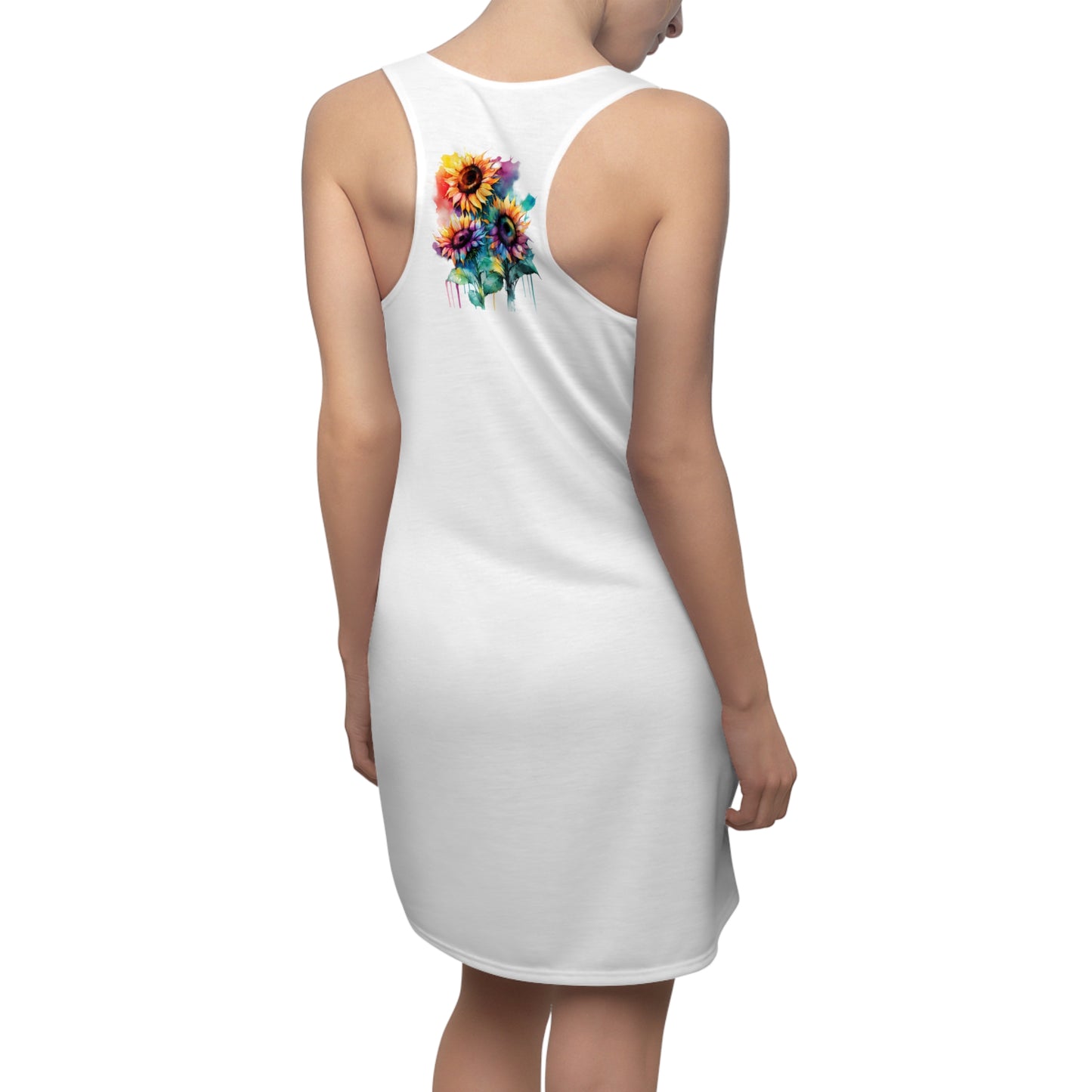 Multi-Color Sunflower Women's Cut & Sew Racerback Dress White