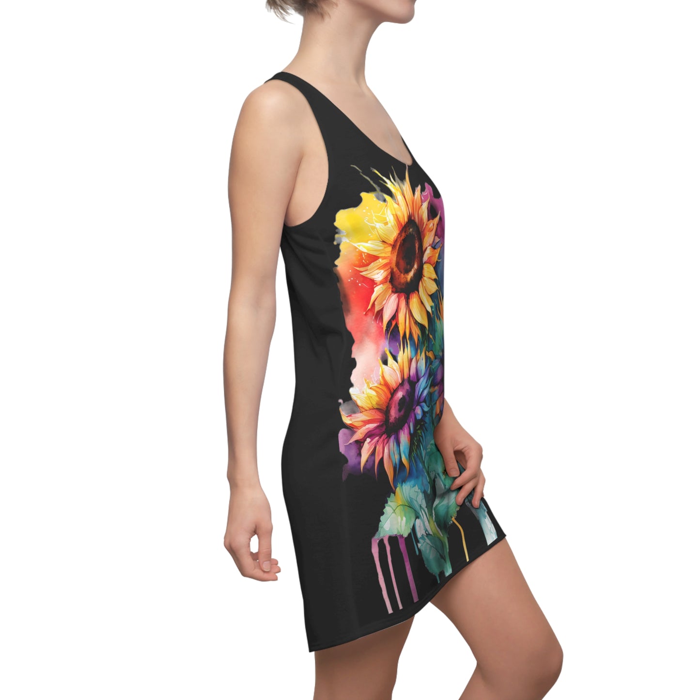 Multi-Color Sunflower Women's Cut & Sew Racerback Dress Black