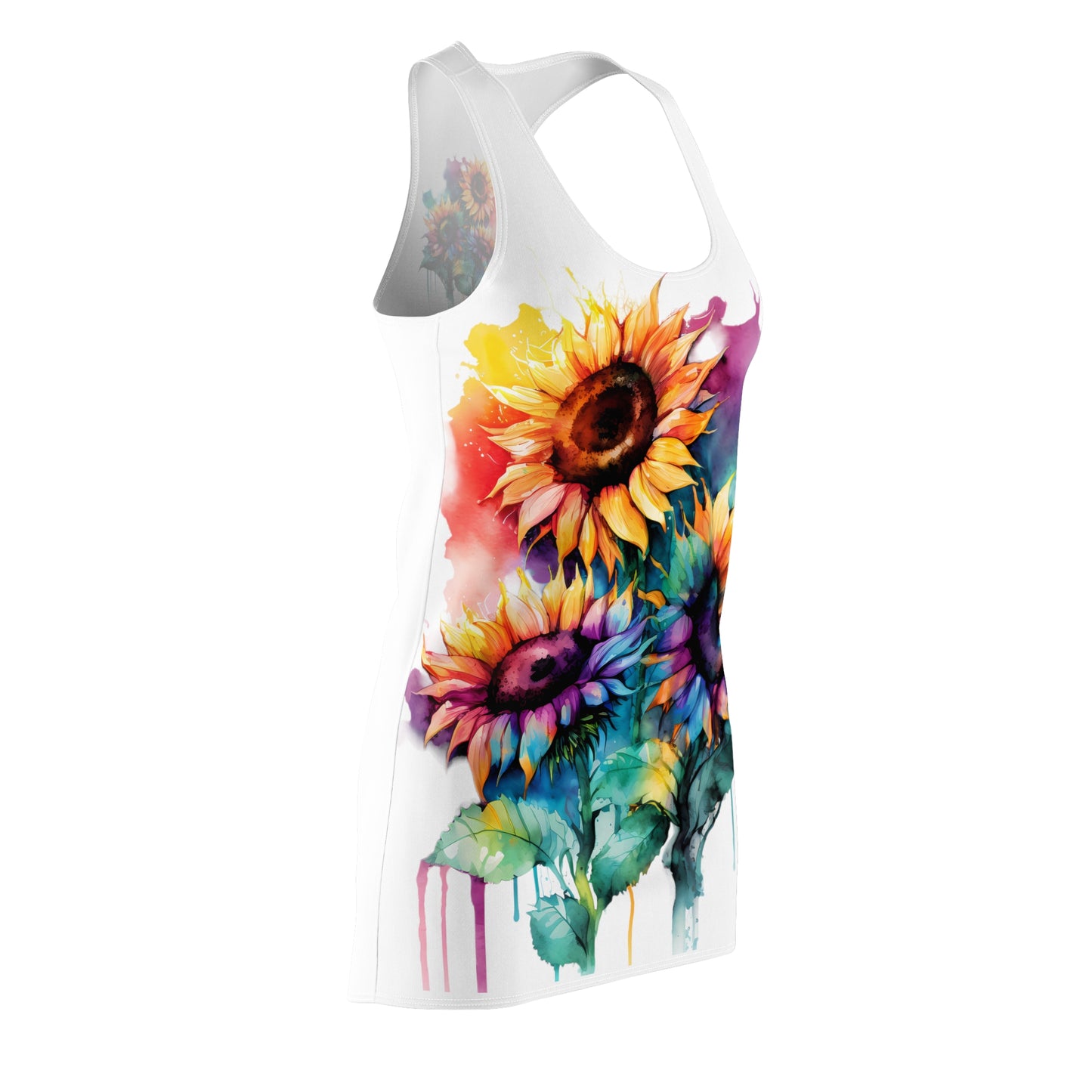 Multi-Color Sunflower Women's Cut & Sew Racerback Dress White