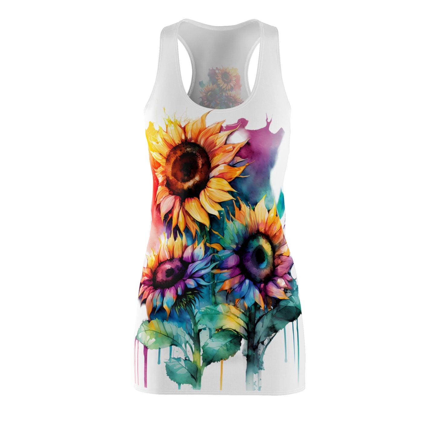 Multi-Color Sunflower Women's Cut & Sew Racerback Dress White