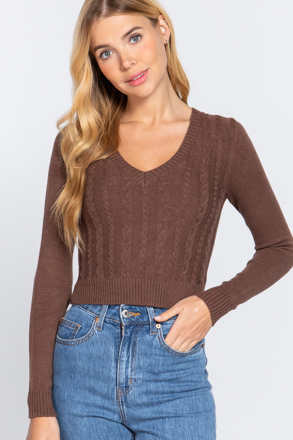 Long Sleeve V-neck Cable Sweater