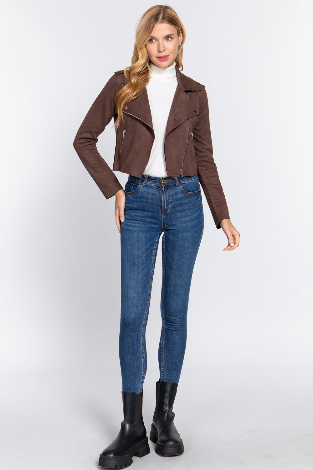 Long Slv Biker Faux Suede Short Jacket