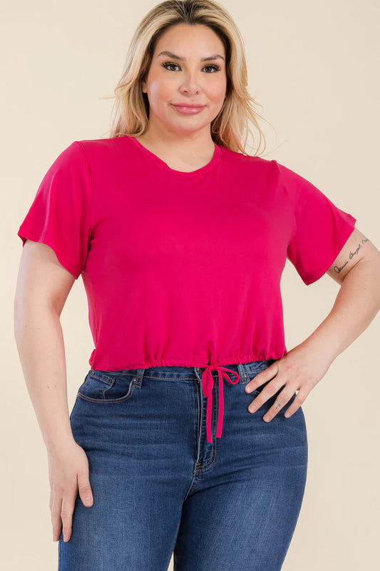 Plus Size Tie Front Drawstring Short Sleeve Crop Top