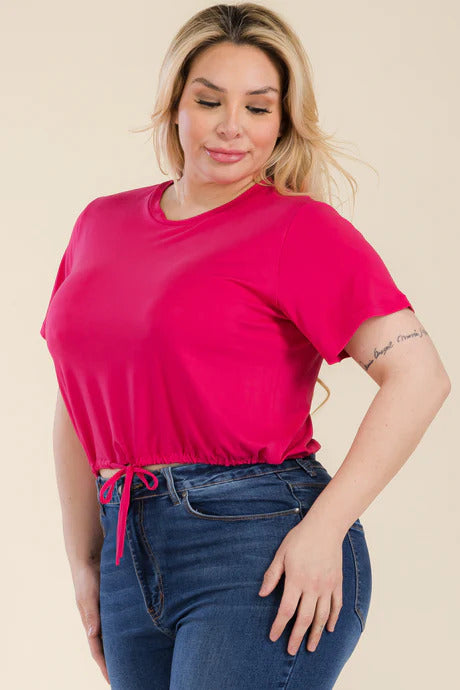 Plus Size Tie Front Drawstring Short Sleeve Crop Top