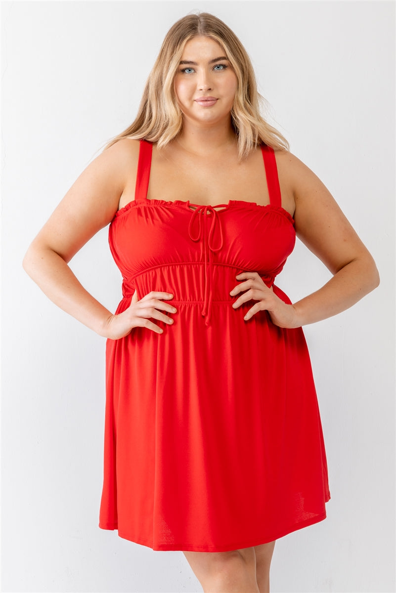 Plus Red Woven Ruffle Sleeveless Mini Dress